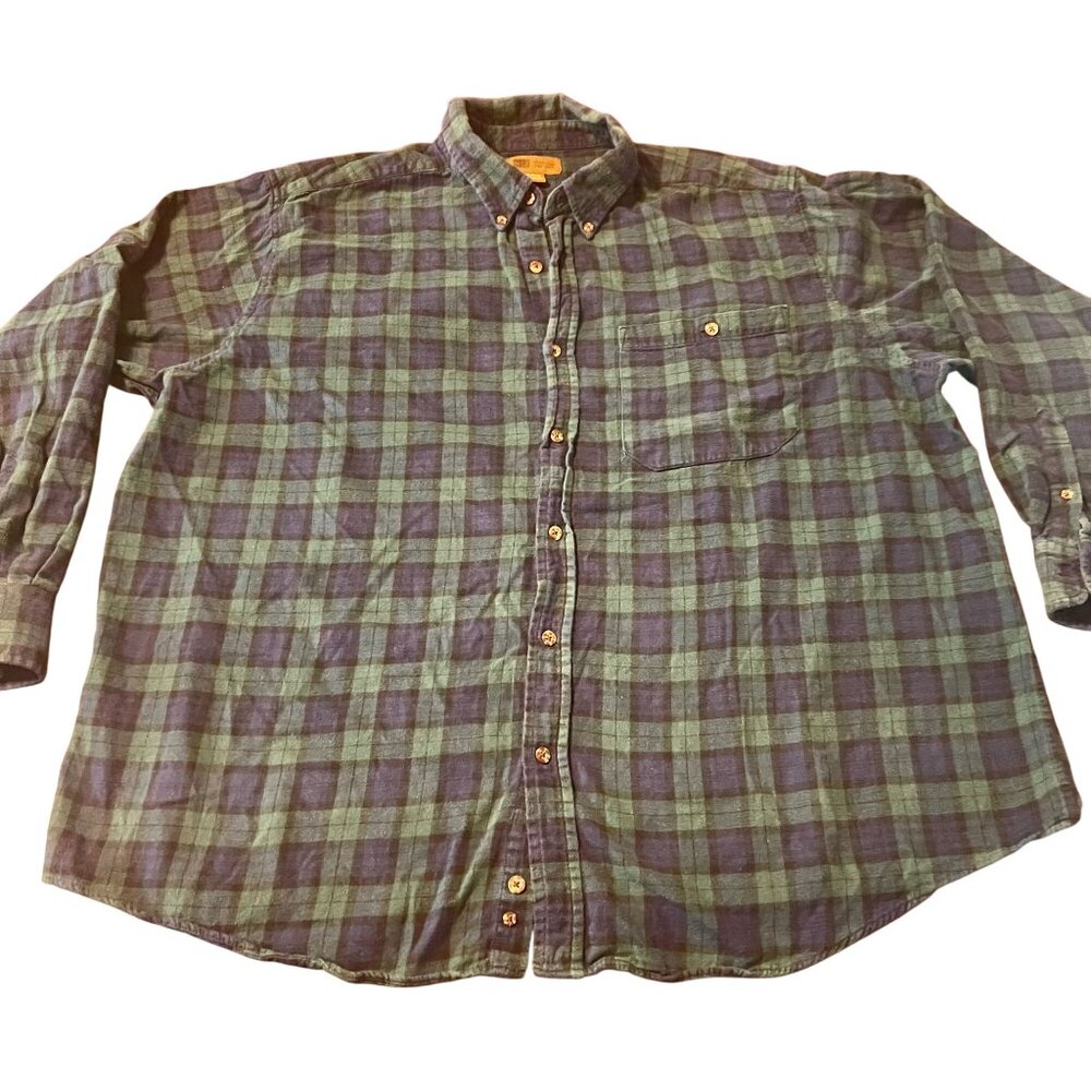 vintage Faded Glory Originals 2X Button-Up Plaid Shirt Green & Blue Check  Long‎